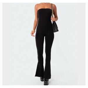 Edikted Black Strapless Melina Side Slits Flared Jumpsuit XS